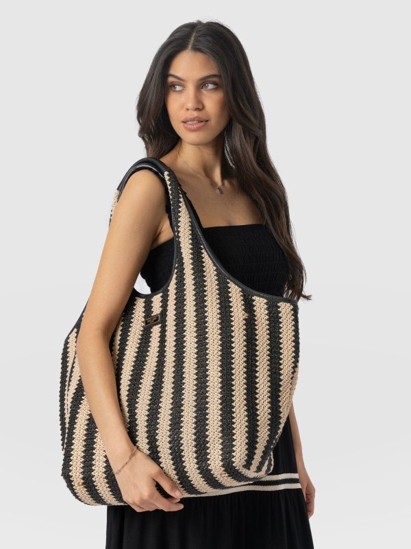 Large Stella Shoulder Tote Bag - Beige/Black Raffia - Image 6