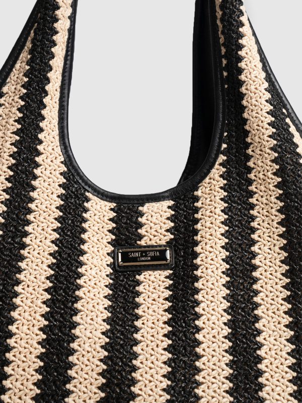 Large Stella Shoulder Tote Bag - Beige/Black Raffia - Image 5
