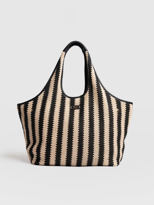 Large Stella Shoulder Tote Bag - Beige/Black Raffia - Image 3
