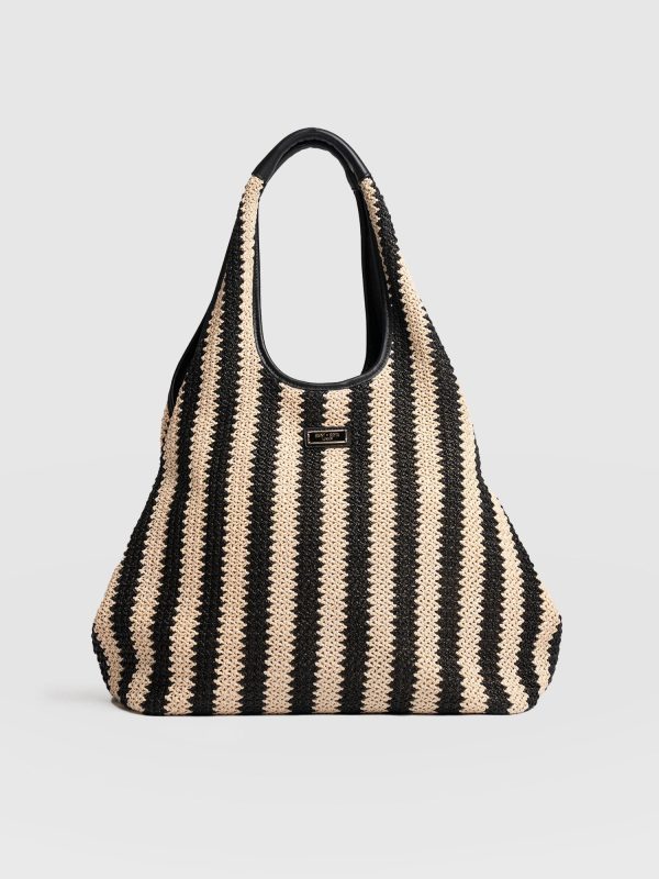 Large Stella Shoulder Tote Bag - Beige/Black Raffia - Image 2