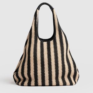 Large Stella Shoulder Tote Bag - Beige/Black Raffia