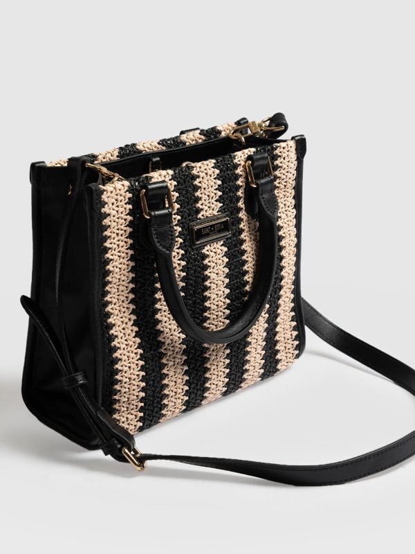 Mia Mini Tote Bag - Beige/Black Raffia - Image 2
