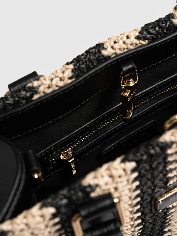 Mia Mini Tote Bag - Beige/Black Raffia - Image 3